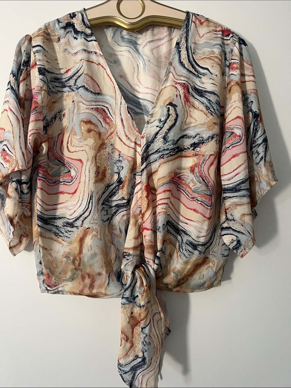 lovestitch Marble-Print Tie-Front Blouse in Cream, Navy & Blush